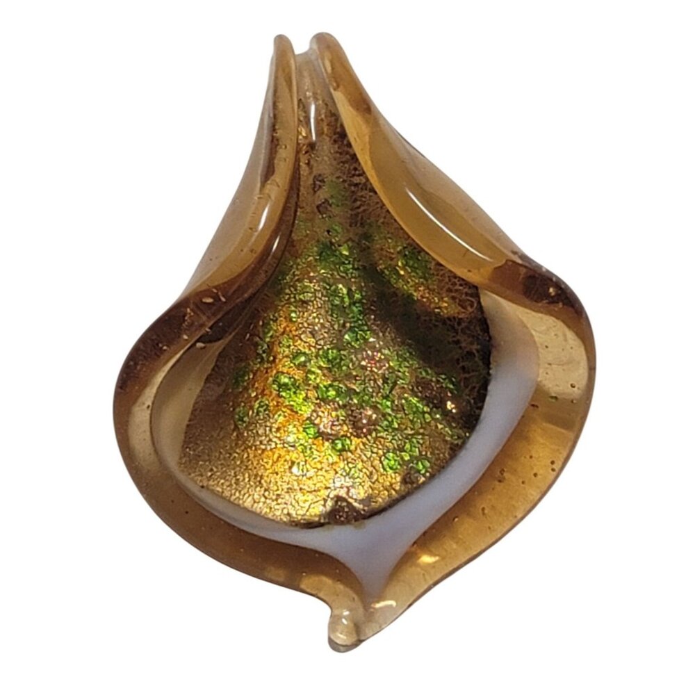 Handcrafted Glass Pendant With Gold & Green Iridescent Design, Teardrop Shape